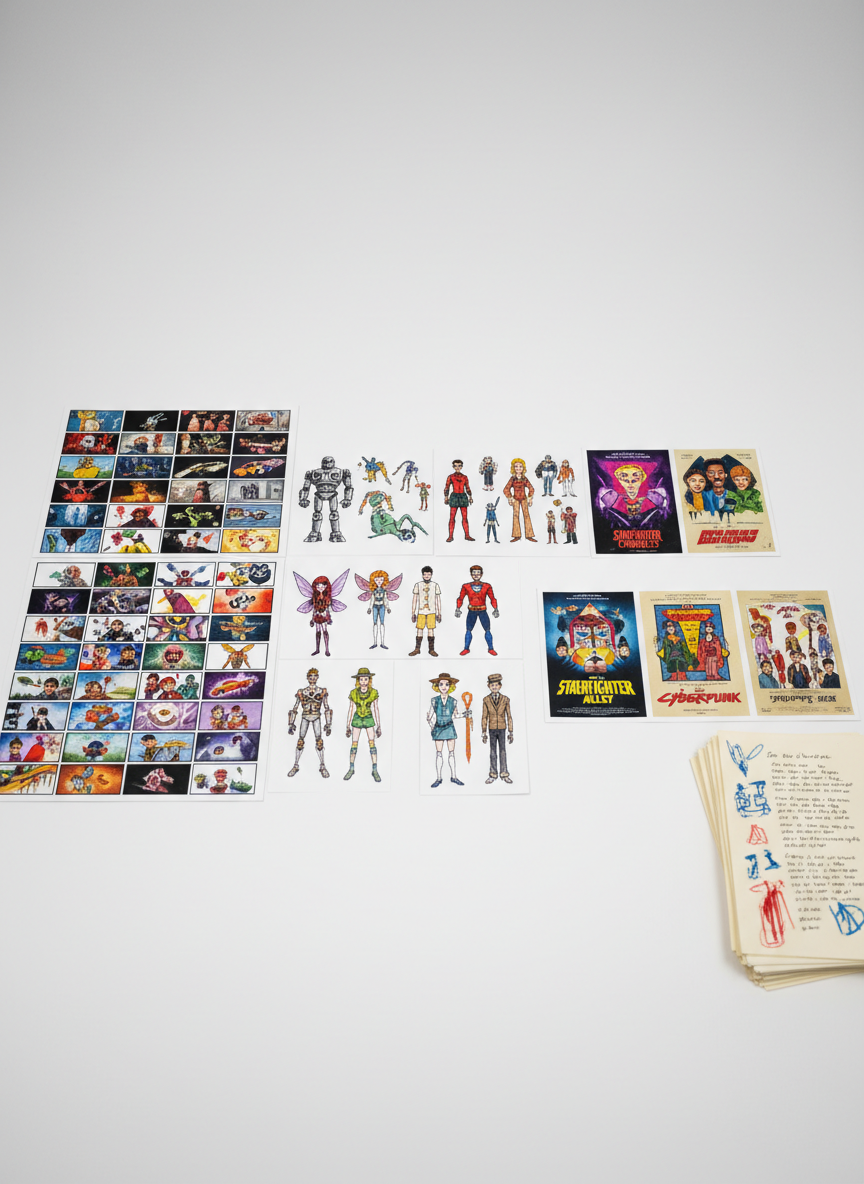 An overhead photographic view of a large white table organized into distinct zones for a playful movie art portfolio. On one side, a neat sequence of storyboard panels is laid out, each panel a tiny, colorful frame of cinematic action. Next to them, a row of expressive character design sheets shows varied silhouettes, costumes, and exaggerated poses. Another segment displays miniature mockups of movie posters with bold compositions and vivid palettes, while a stack of script pages with abstract line markings anchors the corner. Soft, even studio lighting eliminates harsh shadows, creating a clean, bright mood. The composition uses clear visual groupings and subtle depth, inviting the viewer to explore each project type as if navigating the sections of the website.