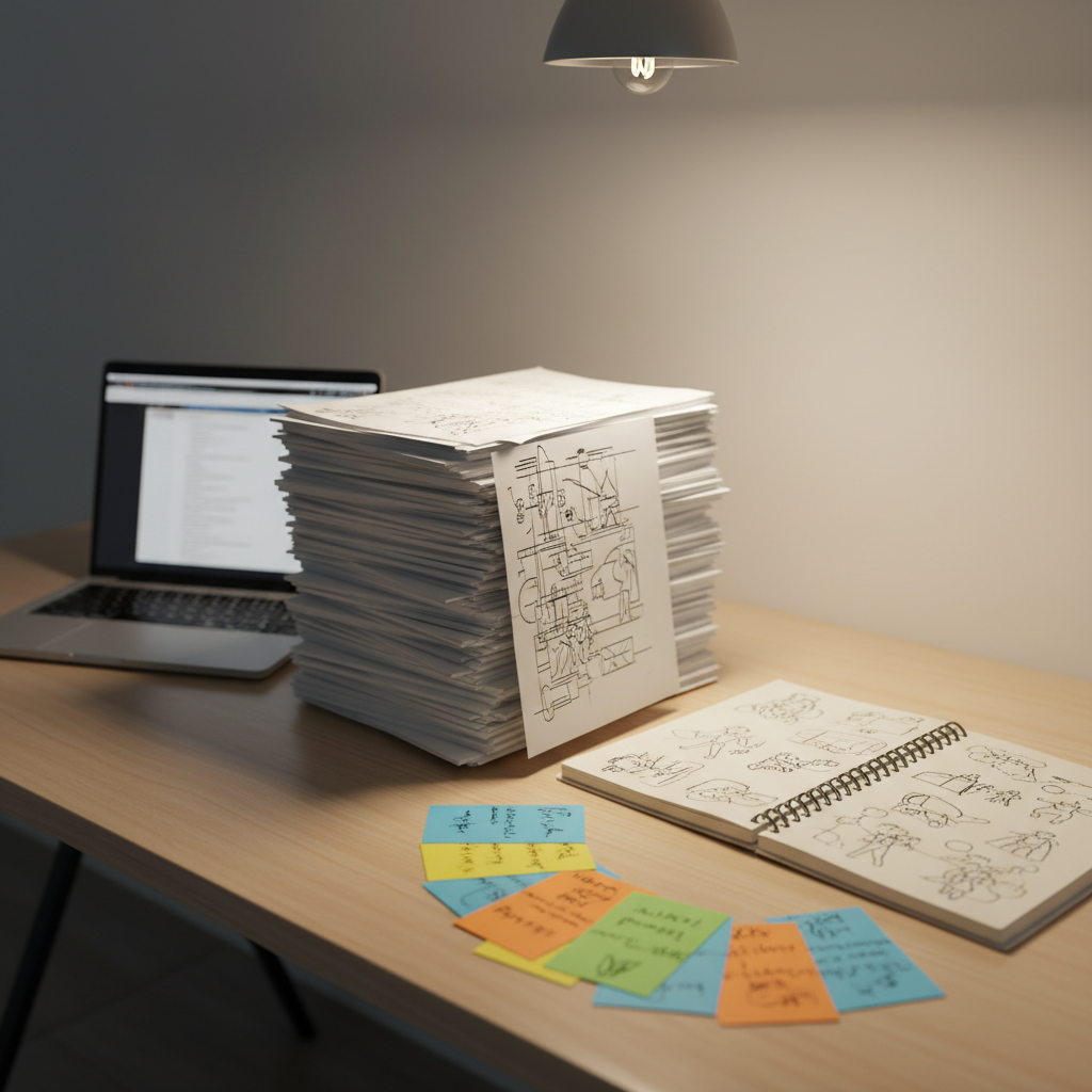 A photographic close-up of a script and concept planning area on a minimalist desk, representing the writing and planning side of YouTube Man’s movie art. A stack of crisp white pages filled with dense, abstract line markings sits beside a notebook filled with thumbnail doodles of scenes and characters. Nearby, colorful index cards with illegible scrawls are arranged in a loose arc, suggesting story beats. A thin laptop shows a blurred screenplay layout on screen, its brightness subtly reflected on the desk surface. Warm, focused pendant lighting creates a cozy, thoughtful mood, with soft shadows radiating from the stack of pages. Captured at eye level with a shallow depth of field, the composition draws attention to the script pages as the heart of the creative process, suitable for a “Scripts & Ideas” section.