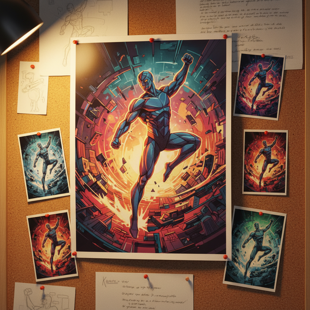 A close-up photographic shot of a glossy movie poster concept pinned to a corkboard, representing YouTube Man’s playful style. The poster features a dynamic, stylized superhero-like figure made of glowing geometric shapes, leaping out of a swirling, comic-inspired city backdrop, all rendered without readable text. Around the main poster, smaller thumbnail poster variations are tacked up, each with different color schemes and compositions. Warm, directional desk lamp light washes over the corkboard, creating subtle texture and dramatic highlights along the glossy paper edges. The background falls into a soft blur, hinting at more pinned sketches and script pages. Framed using the rule of thirds, the scene feels bold and energetic, perfect for a “Movie Posters” portfolio section.