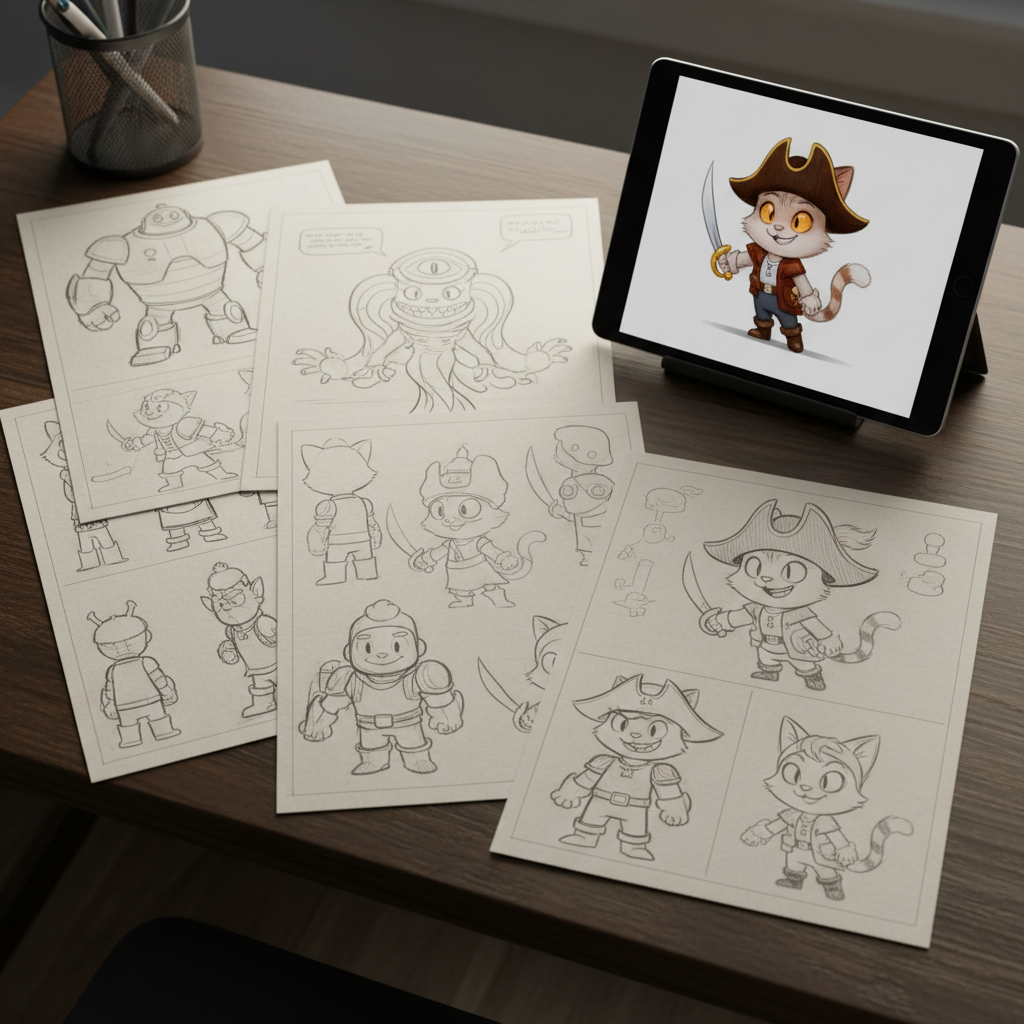 A neat cluster of character design sheets arranged on a dark wooden desk, photographed in crisp detail to showcase YouTube Man’s playful movie characters. Each sheet displays a different stylized figure in various poses and expressions, with exaggerated proportions and bold, cinematic silhouettes. Some pages show turnaround views, others feature action poses and costume variations, all without any readable captions. A tablet nearby shows a fully rendered, colorful version of one character on a neutral background, bridging sketch to final art. Warm, soft studio lighting from above creates gentle shadows that emphasize the paper edges and pencil lines while keeping the scene bright and inviting. Shot from a slightly elevated angle with moderate depth of field, the composition feels organized yet creative, fitting a “Characters” portfolio section.