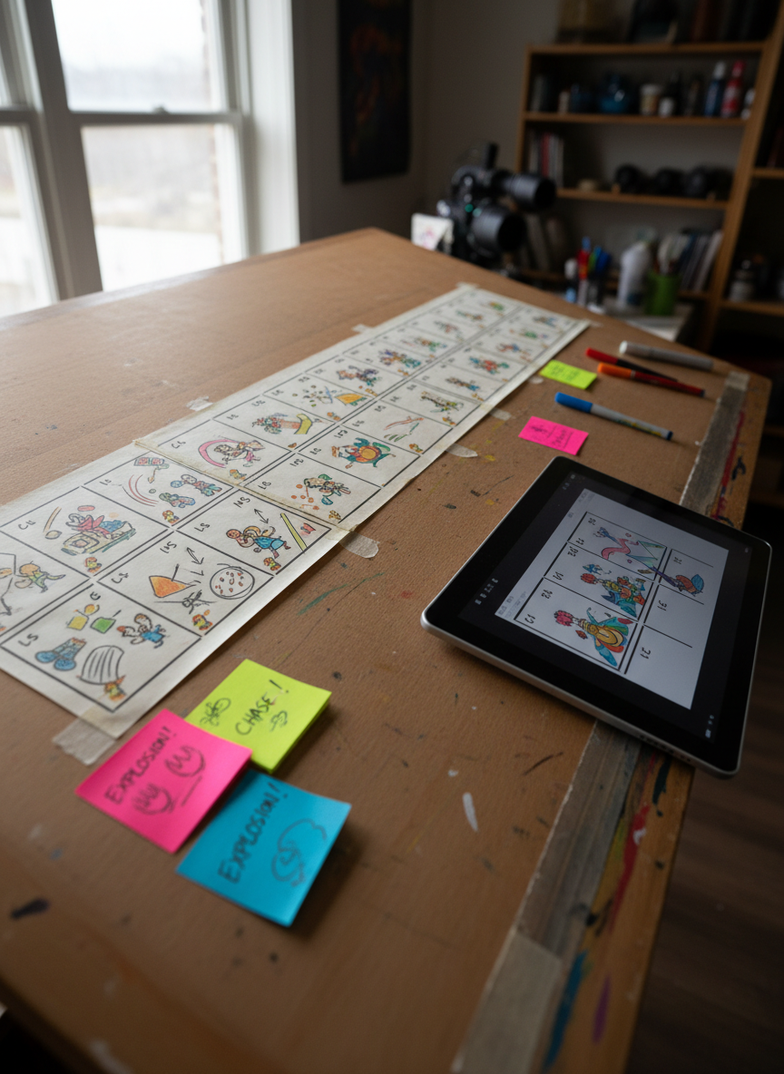 A photographic side view of a long drafting table dedicated to storyboard creation for YouTube Man’s film projects. A continuous line of storyboard sheets stretches across the surface, each frame showing tiny, colorful cinematic scenes with arrows, camera angles, and motion cues indicated by abstract marks. Beside them lies a sleek digital tablet displaying a zoomed-in storyboard frame, echoing the analog drawings. Soft overcast daylight filters through a nearby window, creating diffuse, shadowless illumination that highlights the paper’s texture and pencil strokes. The atmosphere is focused but playful, with a few bright sticky notes and colored markers adding pops of color. Captured from a low angle along the table’s edge, the perspective emphasizes depth and narrative progression, ideal for a “Storyboards” gallery image.